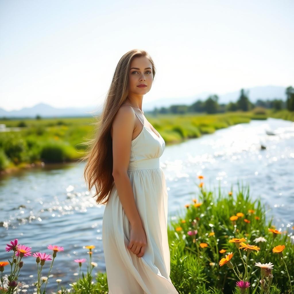 A beautiful woman standing gracefully by a serene river, surrounded by lush greenery and vibrant wildflowers