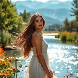A beautiful woman standing gracefully by a serene river, surrounded by lush greenery and vibrant wildflowers