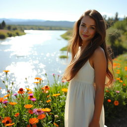 A beautiful woman standing gracefully by a serene river, surrounded by lush greenery and vibrant wildflowers
