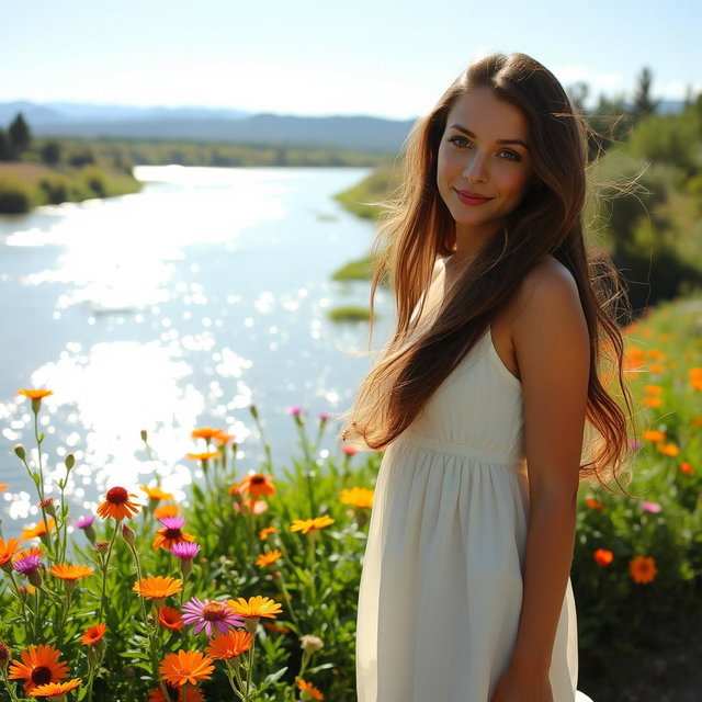 A beautiful woman standing gracefully by a serene river, surrounded by lush greenery and vibrant wildflowers