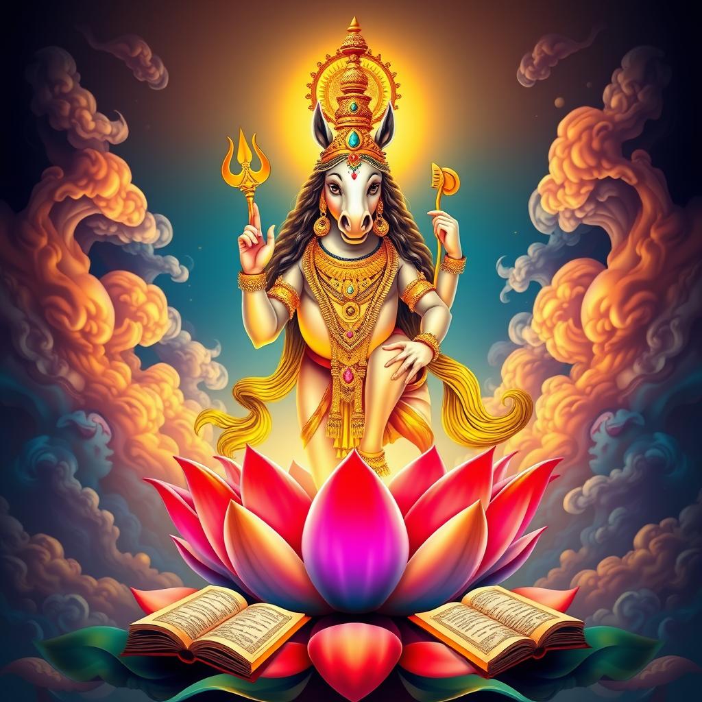 A majestic depiction of Hayagriva, the horse-headed deity from Hindu mythology, standing on a lotus flower with vibrant colors