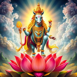 A majestic depiction of Hayagriva, the horse-headed deity from Hindu mythology, standing on a lotus flower with vibrant colors