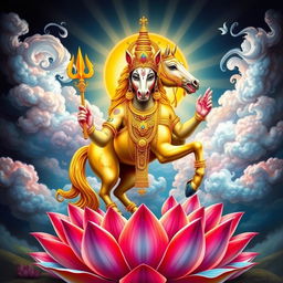A majestic depiction of Hayagriva, the horse-headed deity from Hindu mythology, standing on a lotus flower with vibrant colors