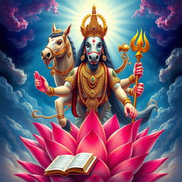 A majestic depiction of Hayagriva, the horse-headed deity from Hindu mythology, standing on a lotus flower with vibrant colors