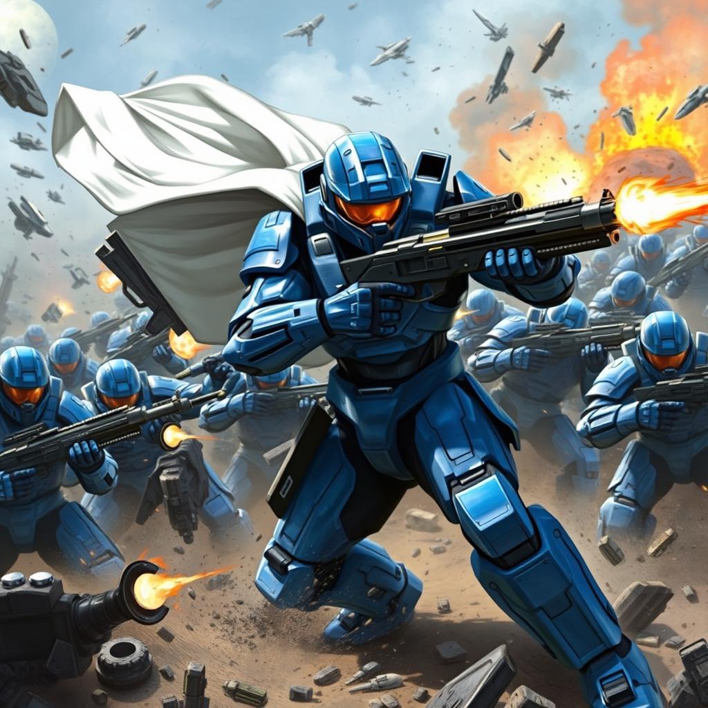 Master Chief depicted in vibrant blue armor, adorned with a flowing white cape, fiercely battling numerous Spartans