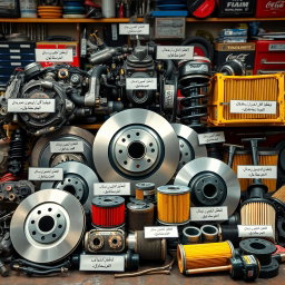 A detailed and visually appealing display of various car spare parts, including engine components, brake discs, filters, and suspension parts