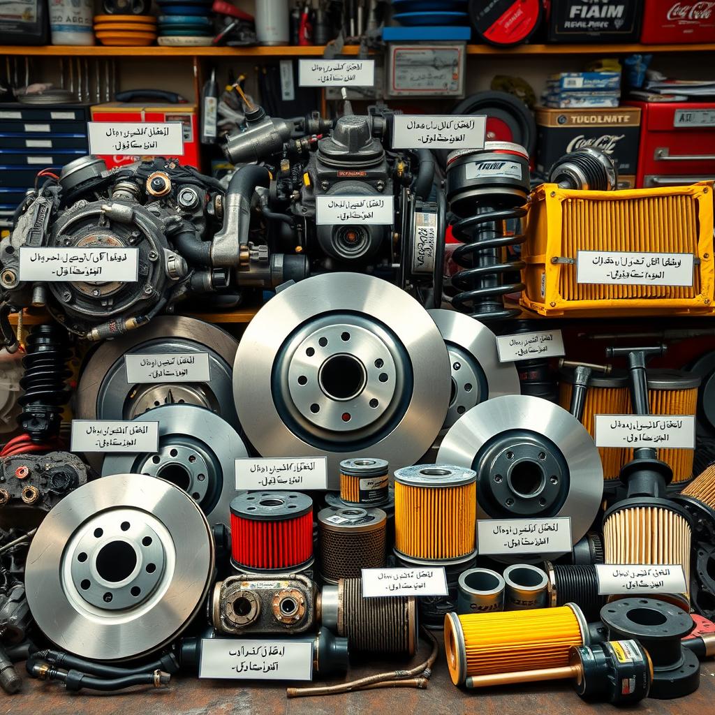 A detailed and visually appealing display of various car spare parts, including engine components, brake discs, filters, and suspension parts