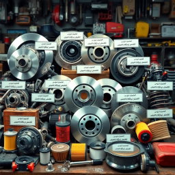A detailed and visually appealing display of various car spare parts, including engine components, brake discs, filters, and suspension parts
