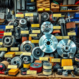 A detailed and visually appealing display of various car spare parts, including engine components, brake discs, filters, and suspension parts