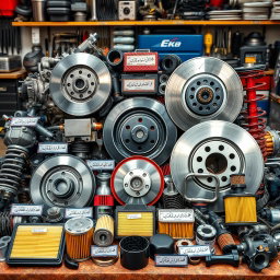 A detailed and visually appealing display of various car spare parts, including engine components, brake discs, filters, and suspension parts