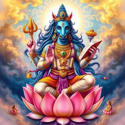 A majestic depiction of Hayagriva, the horse-headed deity from Hindu mythology, portrayed with vibrant colors and intricate details