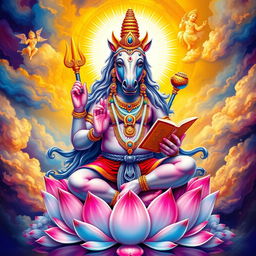 A majestic depiction of Hayagriva, the horse-headed deity from Hindu mythology, portrayed with vibrant colors and intricate details