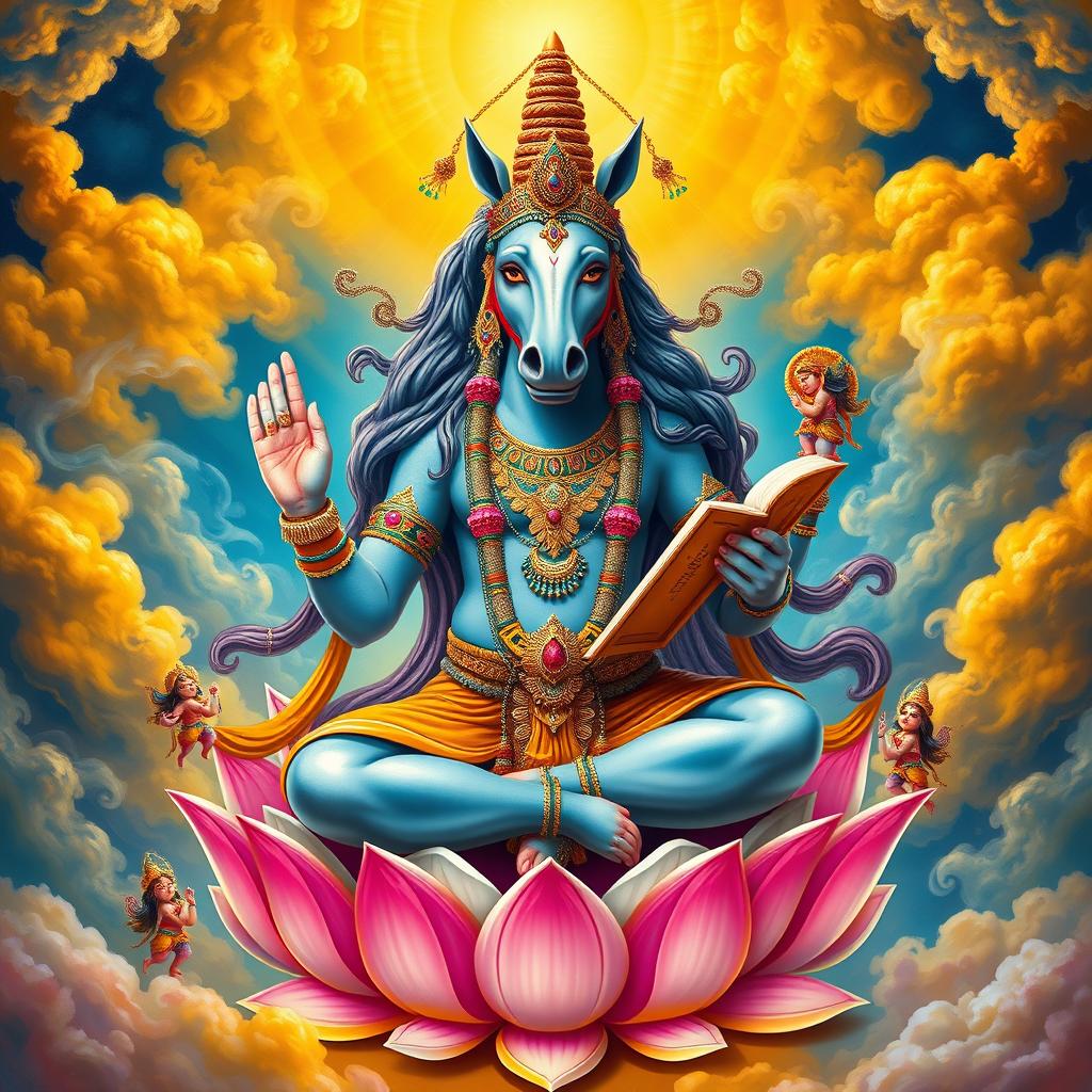 A majestic depiction of Hayagriva, the horse-headed deity from Hindu mythology, portrayed with vibrant colors and intricate details
