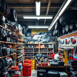 A realistic car spare parts shop filled with various auto parts and accessories