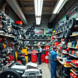 A realistic car spare parts shop filled with various auto parts and accessories