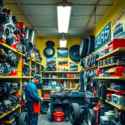 A realistic car spare parts shop filled with various auto parts and accessories