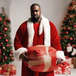 Kanye West wearing a classic Santa Claus outfit, smiling generously, with a large sack filled with gifts over his shoulder, standing amidst a beautifully decorated Christmas setting.