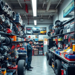 A realistic car spare parts shop filled with various auto parts and accessories