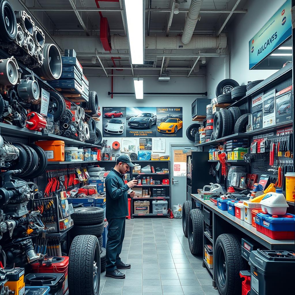 A realistic car spare parts shop filled with various auto parts and accessories