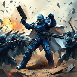 Master Chief depicted in a vibrant blue armor, elegantly draped with a flowing white cape, actively engaged in combat against a horde of Spartans