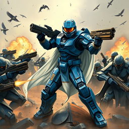 Master Chief depicted in a vibrant blue armor, elegantly draped with a flowing white cape, actively engaged in combat against a horde of Spartans