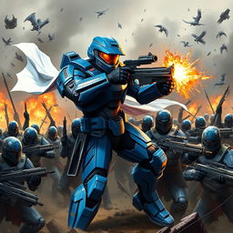 Master Chief depicted in a vibrant blue armor, elegantly draped with a flowing white cape, actively engaged in combat against a horde of Spartans