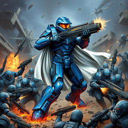 Master Chief depicted in a vibrant blue armor, elegantly draped with a flowing white cape, actively engaged in combat against a horde of Spartans