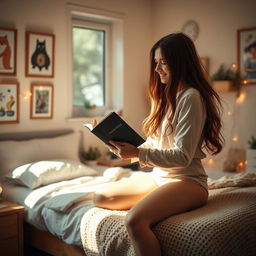 A cozy bedroom scene featuring a young woman with long flowing hair, wearing a stylish outfit