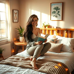 A cozy bedroom scene featuring a young woman with long flowing hair, wearing a stylish outfit