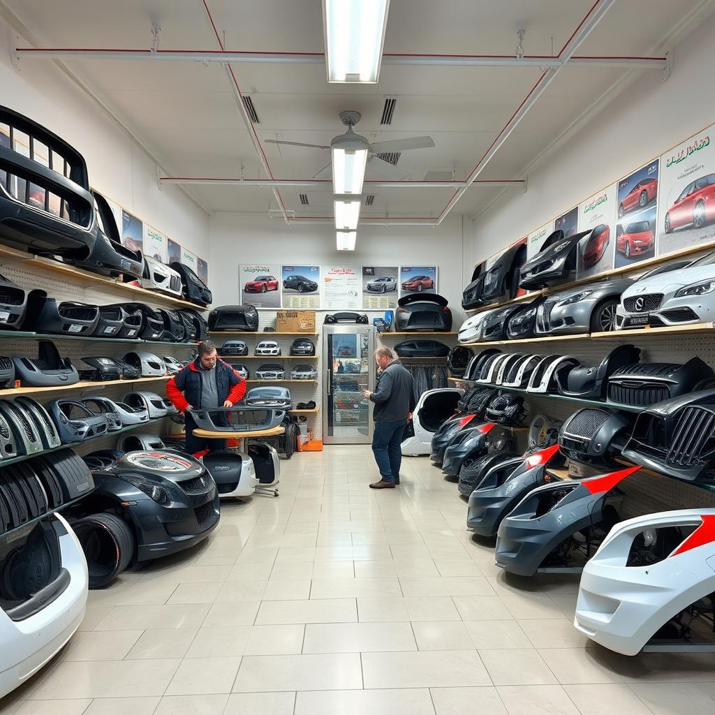 A realistic car spare parts shop specializing in Iranian car body parts, covering an area of 40 square meters