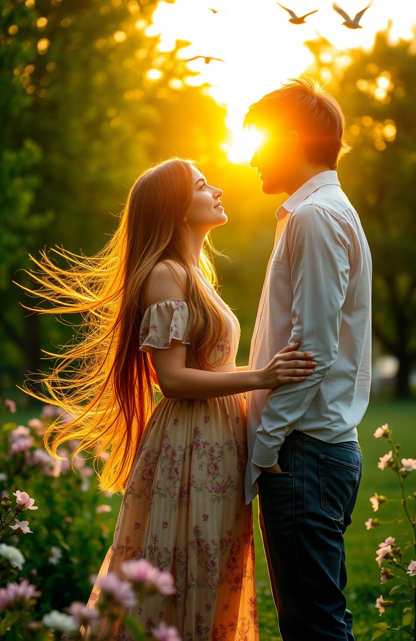 A romantic scene depicting the concept of 'love at first sight'