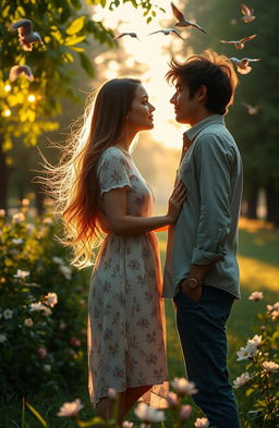 A romantic scene depicting the concept of 'love at first sight'