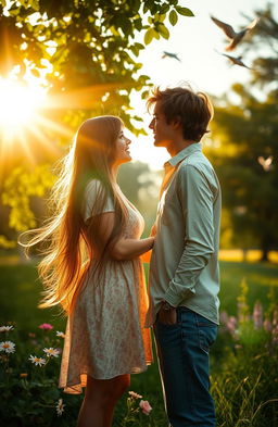 A romantic scene depicting the concept of 'love at first sight'