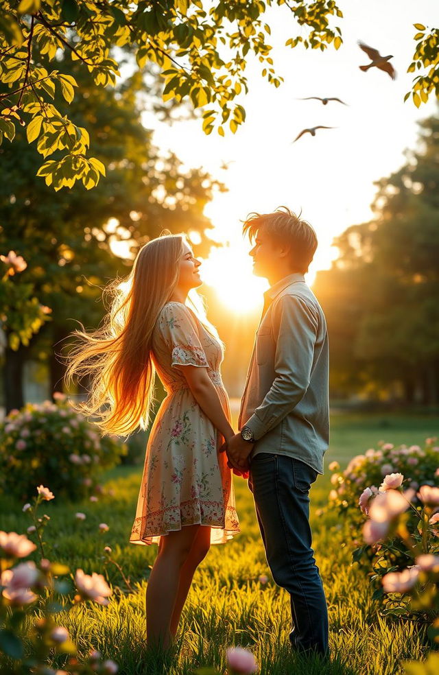 A romantic scene depicting the concept of 'love at first sight'