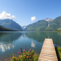 A serene landscape featuring a calm lake surrounded by lush greenery and towering mountains in the background
