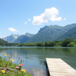 A serene landscape featuring a calm lake surrounded by lush greenery and towering mountains in the background