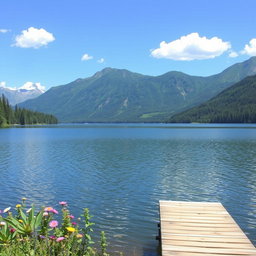 A serene landscape featuring a calm lake surrounded by lush greenery and towering mountains in the background