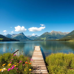 A serene landscape featuring a calm lake surrounded by lush greenery and towering mountains in the background
