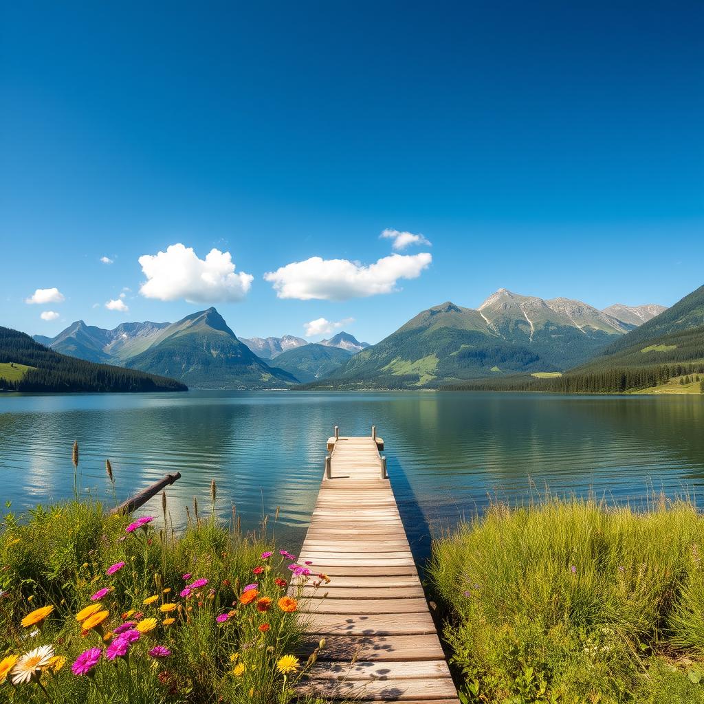 A serene landscape featuring a calm lake surrounded by lush greenery and towering mountains in the background