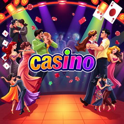 An illustration featuring the word "casino" in bold, vibrant lettering at the center, surrounded by dynamic images of couples dancing salsa casino