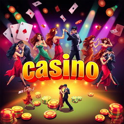 An illustration featuring the word "casino" in bold, vibrant lettering at the center, surrounded by dynamic images of couples dancing salsa casino