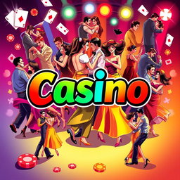 An illustration featuring the word "casino" in bold, vibrant lettering at the center, surrounded by dynamic images of couples dancing salsa casino