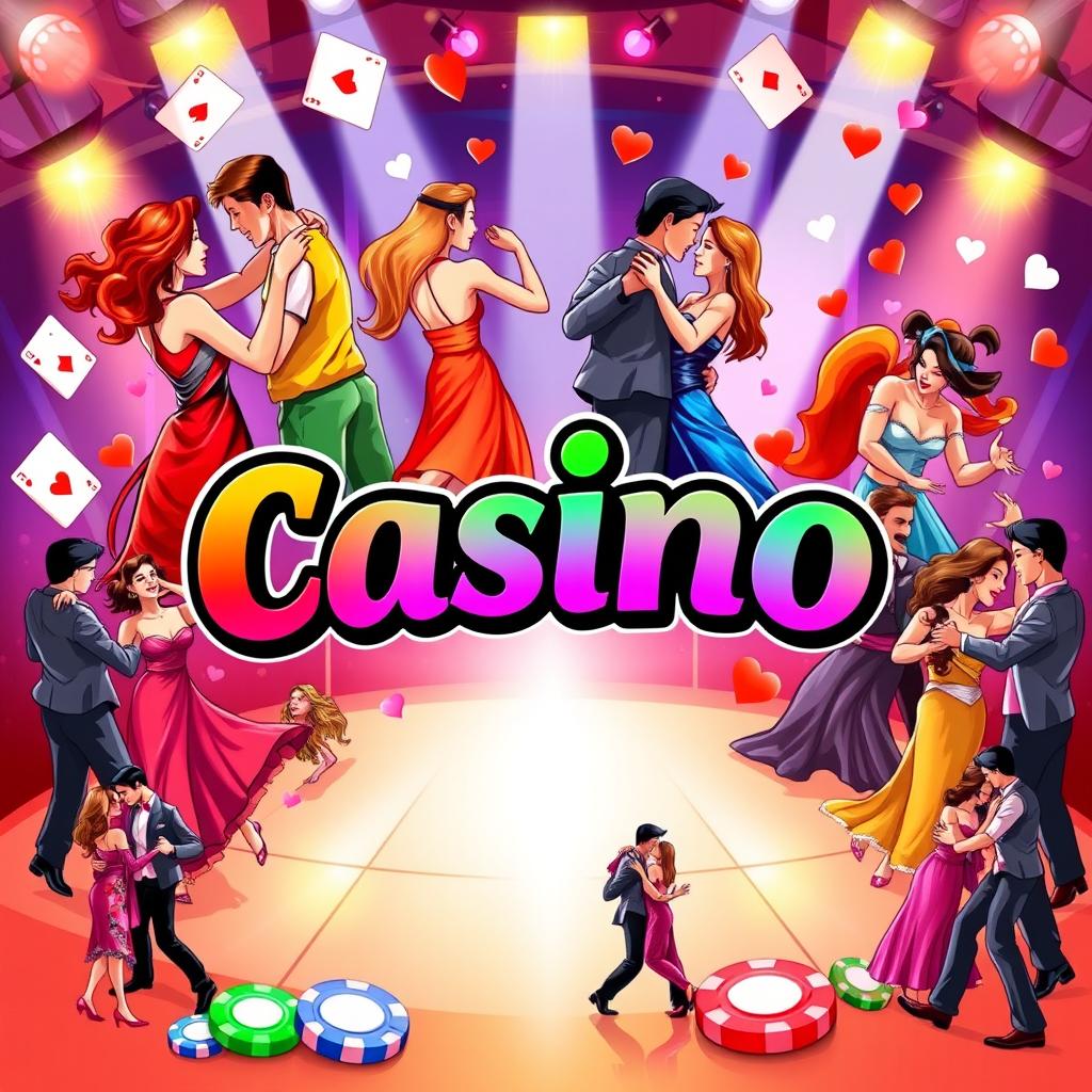 An illustration featuring the word "casino" in bold, vibrant lettering at the center, surrounded by dynamic images of couples dancing salsa casino