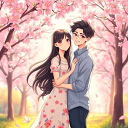 An enchanting illustration of 'love at first sight' featuring a young couple in a vibrant park