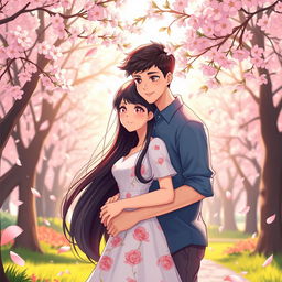 An enchanting illustration of 'love at first sight' featuring a young couple in a vibrant park