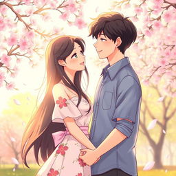 An enchanting illustration of 'love at first sight' featuring a young couple in a vibrant park