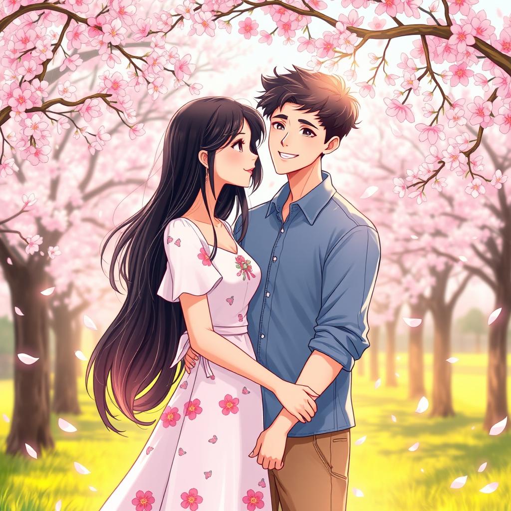 An enchanting illustration of 'love at first sight' featuring a young couple in a vibrant park