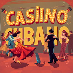 A vibrant illustration featuring the words 'Casino Cubano' artistically integrated into the background