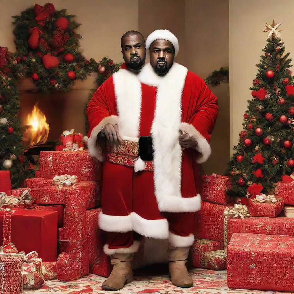 Kanye West wearing a classic Santa Claus outfit, smiling generously, with a large sack filled with gifts over his shoulder, standing amidst a beautifully decorated Christmas setting.