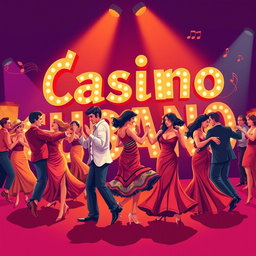 A vibrant illustration featuring the words 'Casino Cubano' artistically integrated into the background